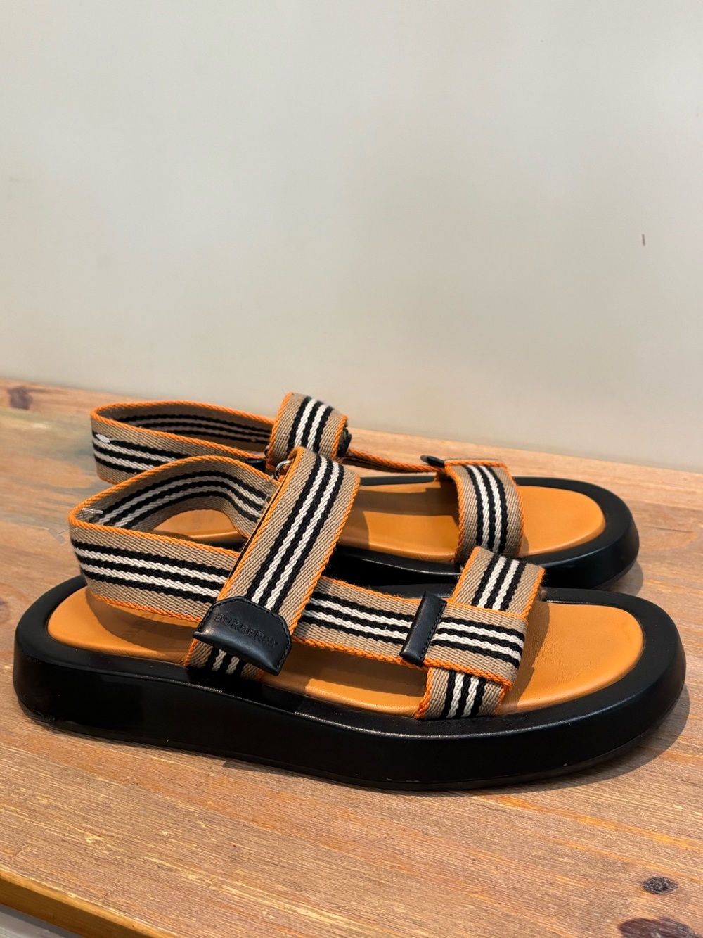 Burberry Eve Icon Stripe Strappy canvas, leather Sandals deep orange 39/9 $650 - Picture 3 of 11